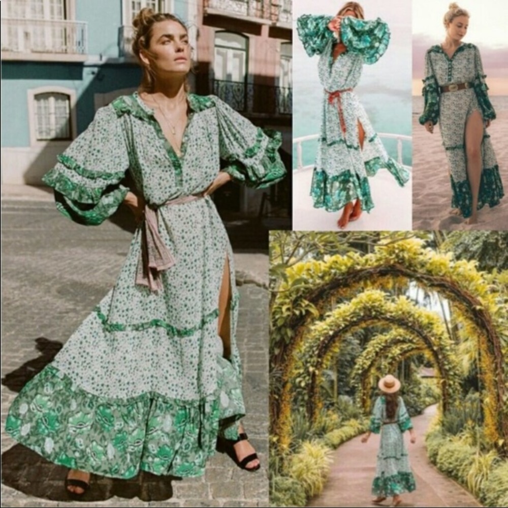 Green & white floral, ruffle dress